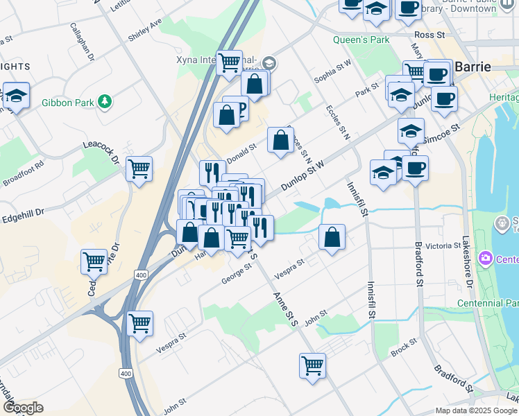 map of restaurants, bars, coffee shops, grocery stores, and more near 263 Dunlop Street West in Barrie