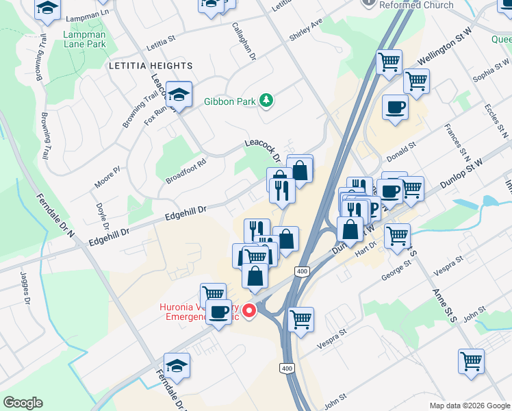 map of restaurants, bars, coffee shops, grocery stores, and more near 159 Edgehill Drive in Barrie