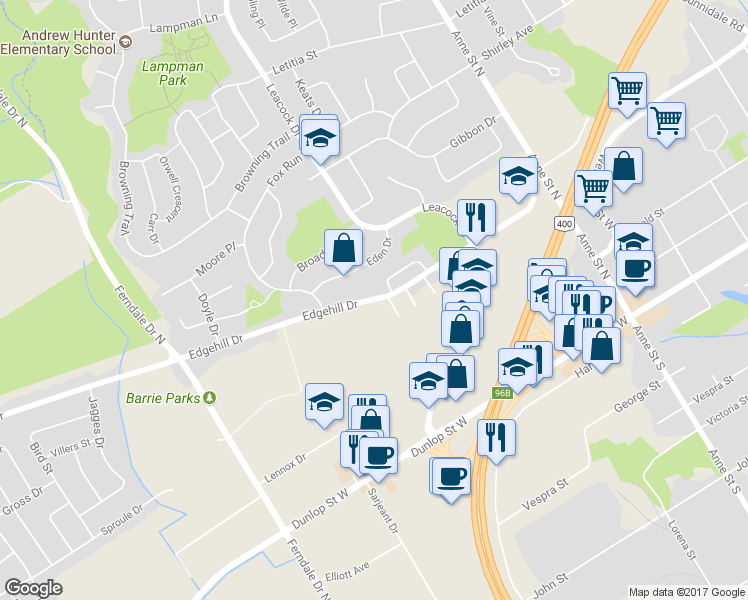 map of restaurants, bars, coffee shops, grocery stores, and more near 189 Edgehill Drive in Barrie