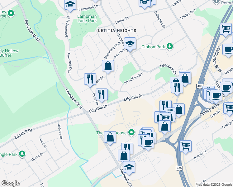 map of restaurants, bars, coffee shops, grocery stores, and more near 26 Fox Run in Barrie
