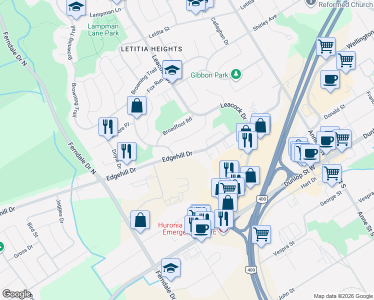 map of restaurants, bars, coffee shops, grocery stores, and more near 200 Edgehill Drive in Barrie