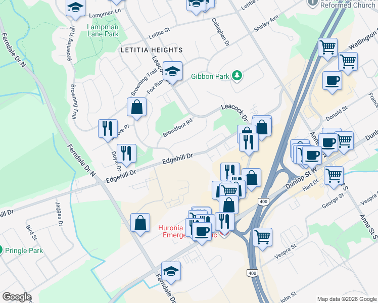 map of restaurants, bars, coffee shops, grocery stores, and more near 198 Edgehill Drive in Barrie