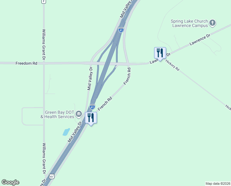 map of restaurants, bars, coffee shops, grocery stores, and more near French Road in De Pere