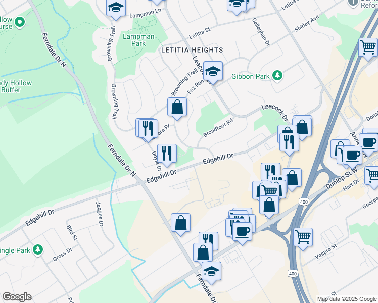 map of restaurants, bars, coffee shops, grocery stores, and more near 28 Fox Run in Barrie