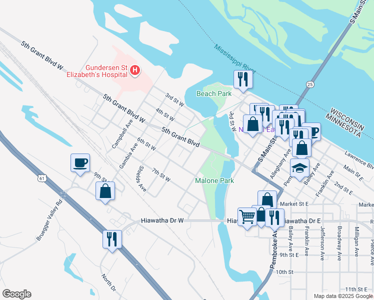 map of restaurants, bars, coffee shops, grocery stores, and more near 712 Grant Boulevard West in Wabasha