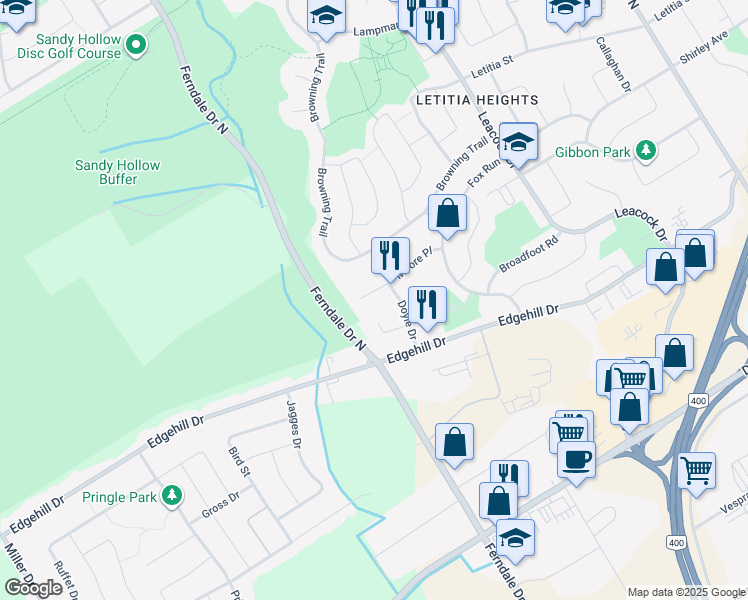 map of restaurants, bars, coffee shops, grocery stores, and more near 47 Moore Place in Barrie