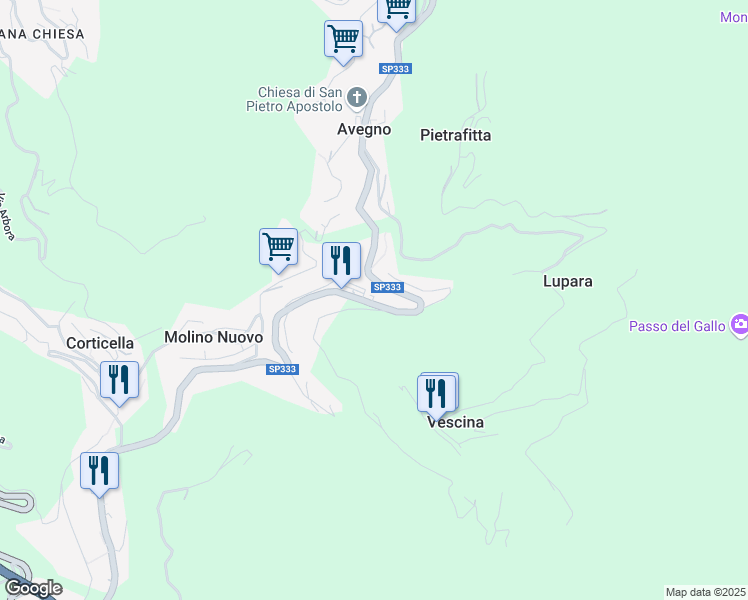 map of restaurants, bars, coffee shops, grocery stores, and more near 37 Strada Provinciale 333 di Uscio in Avegno