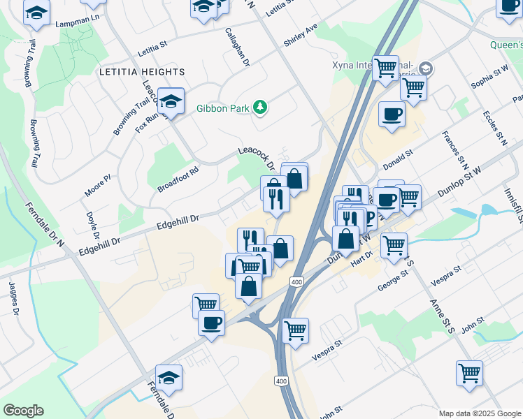 map of restaurants, bars, coffee shops, grocery stores, and more near 155 Edgehill Drive in Barrie