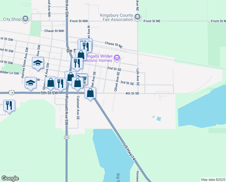map of restaurants, bars, coffee shops, grocery stores, and more near 307 4th Street Southeast in De Smet