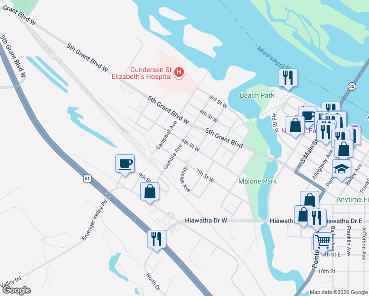 map of restaurants, bars, coffee shops, grocery stores, and more near 609 Gambia Avenue in Wabasha