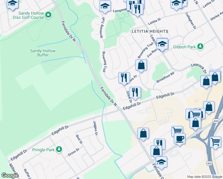 map of restaurants, bars, coffee shops, grocery stores, and more near 58 Moore Place in Barrie