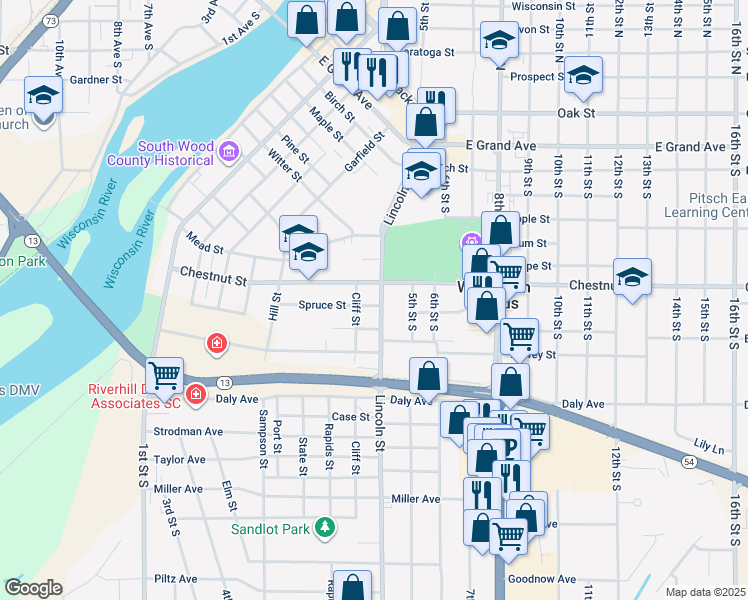 map of restaurants, bars, coffee shops, grocery stores, and more near 831 Cliff Street in Wisconsin Rapids