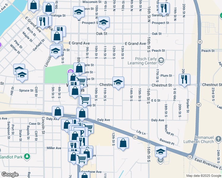 map of restaurants, bars, coffee shops, grocery stores, and more near 820 12th Street South in Wisconsin Rapids