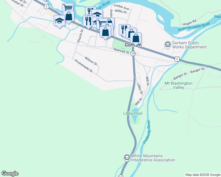 map of restaurants, bars, coffee shops, grocery stores, and more near 21 Promenade Street in Gorham