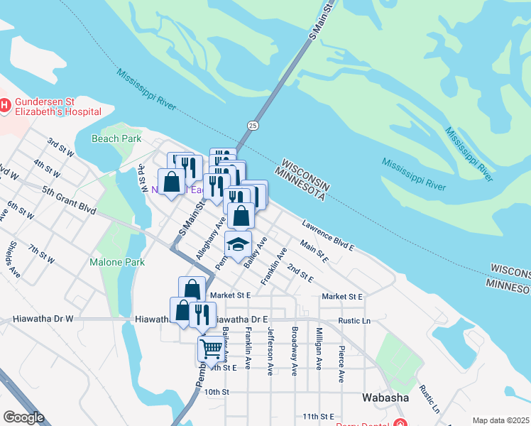 map of restaurants, bars, coffee shops, grocery stores, and more near 115 Main Street East in Wabasha