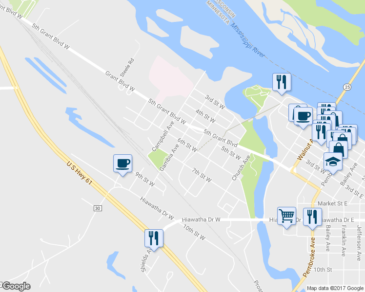 map of restaurants, bars, coffee shops, grocery stores, and more near 609 Gambia Avenue in Wabasha