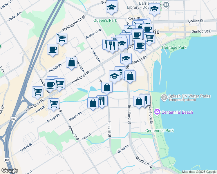 map of restaurants, bars, coffee shops, grocery stores, and more near 7 Innisfil Street in Barrie