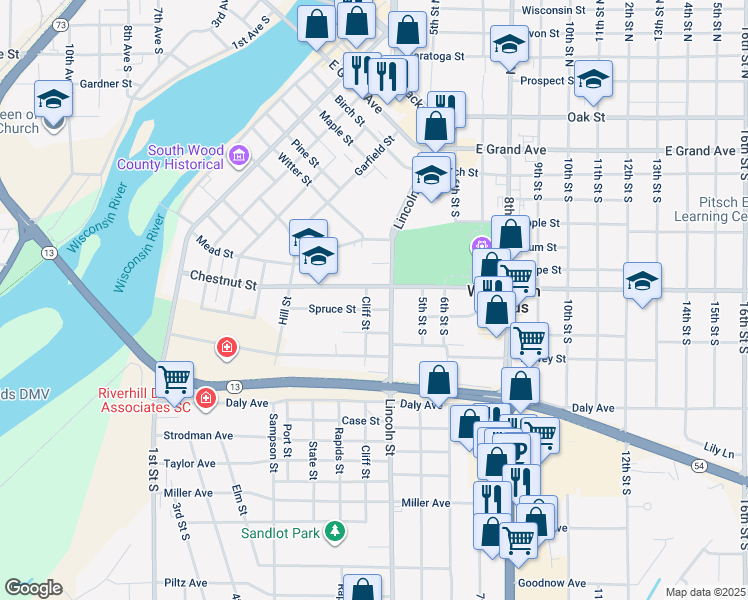 map of restaurants, bars, coffee shops, grocery stores, and more near 831 Cliff St in Wisconsin Rapids