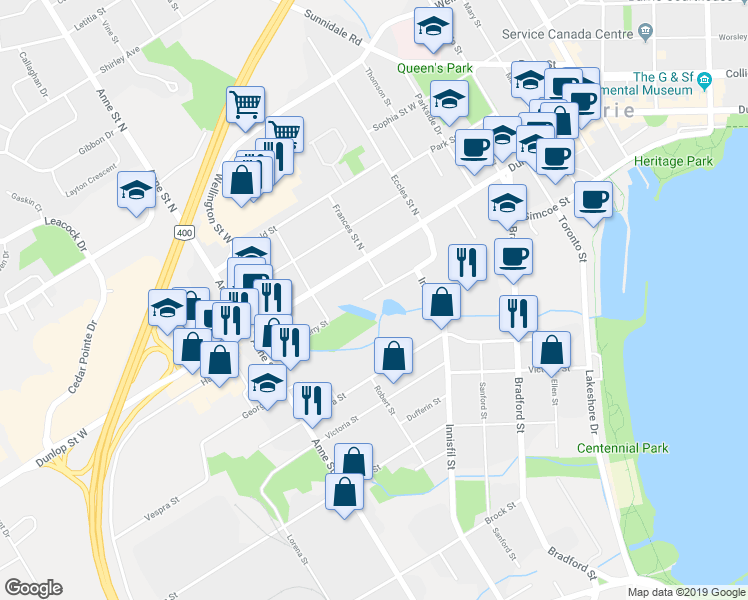 map of restaurants, bars, coffee shops, grocery stores, and more near 143 Perry Street in Barrie