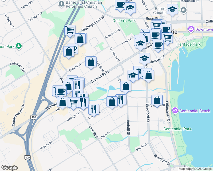 map of restaurants, bars, coffee shops, grocery stores, and more near 143 Perry Street in Barrie