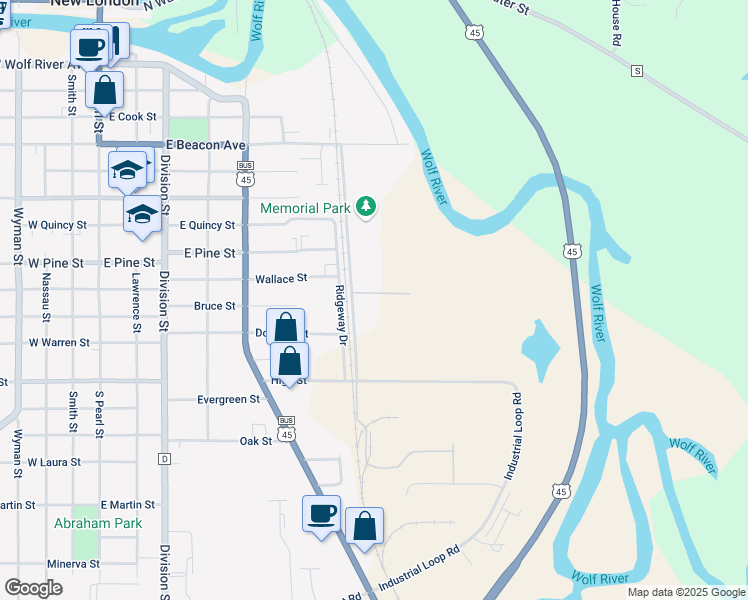 map of restaurants, bars, coffee shops, grocery stores, and more near 1104A Montgomery Street in New London
