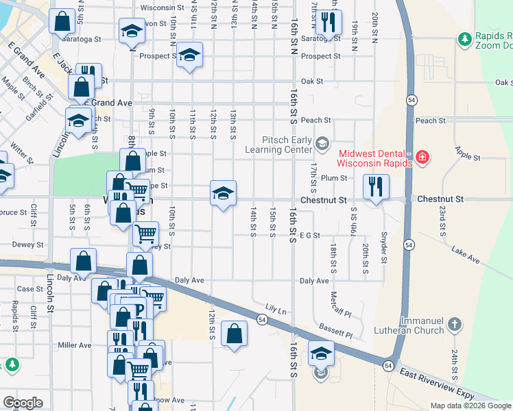 map of restaurants, bars, coffee shops, grocery stores, and more near 1410 Chestnut Street in Wisconsin Rapids