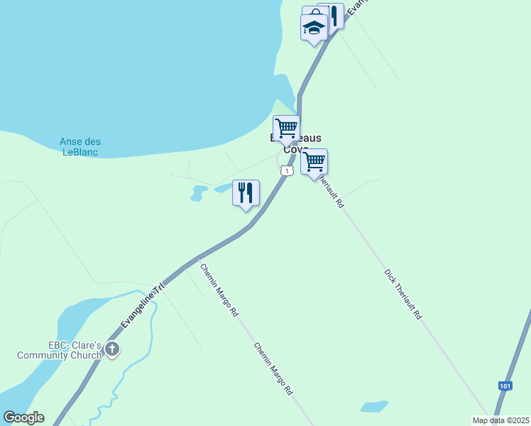 map of restaurants, bars, coffee shops, grocery stores, and more near 3152 Nova Scotia Trunk 1 in Belliveaus Cove