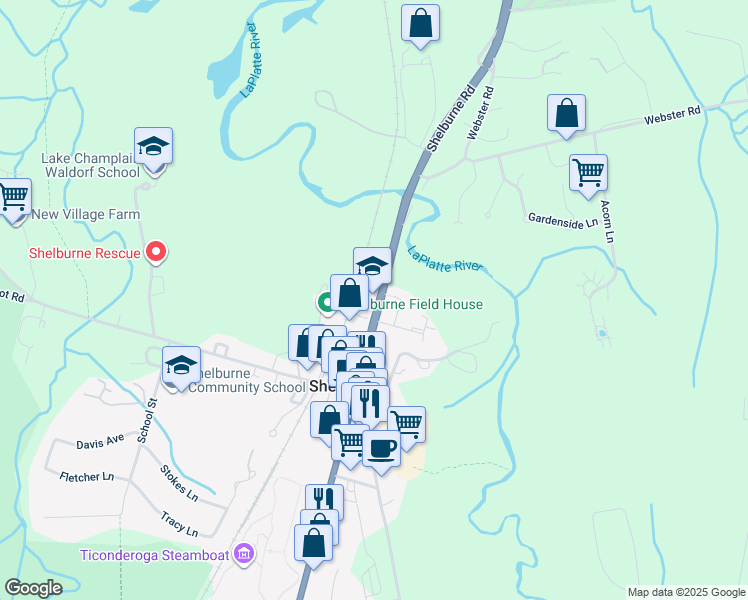 map of restaurants, bars, coffee shops, grocery stores, and more near in Shelburne