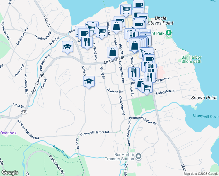 map of restaurants, bars, coffee shops, grocery stores, and more near 15 Waldron Road in Bar Harbor