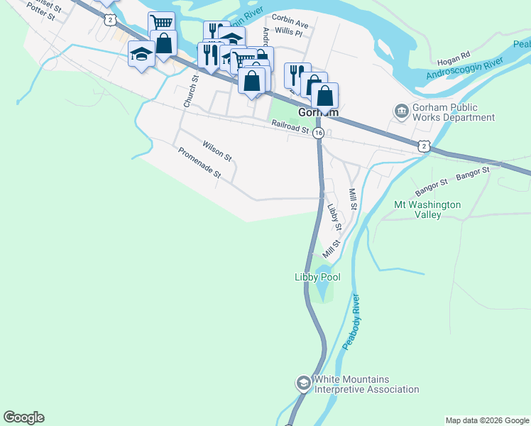 map of restaurants, bars, coffee shops, grocery stores, and more near 21 Promenade Street in Gorham