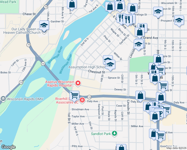 map of restaurants, bars, coffee shops, grocery stores, and more near 1320 Garfield Street in Wisconsin Rapids
