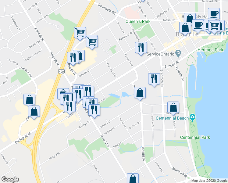 map of restaurants, bars, coffee shops, grocery stores, and more near 48 Perry Street in Barrie