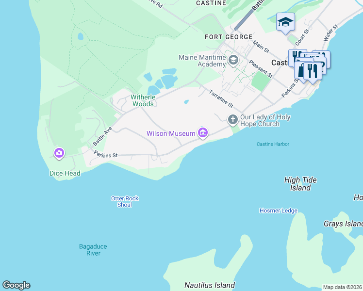map of restaurants, bars, coffee shops, grocery stores, and more near 26 La Tour Street in Castine