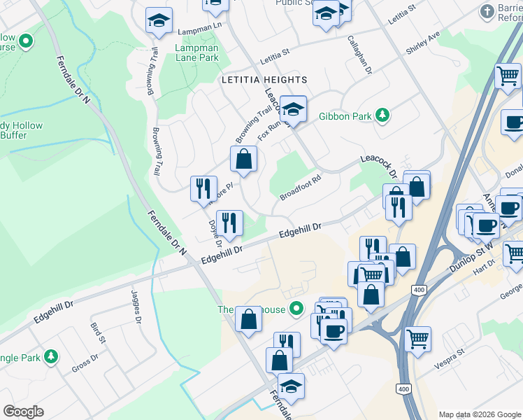 map of restaurants, bars, coffee shops, grocery stores, and more near 29 Fox Run in Barrie