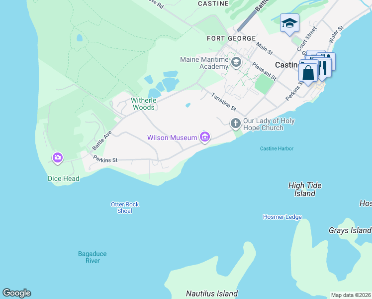 map of restaurants, bars, coffee shops, grocery stores, and more near 61 Perkins Street in Castine