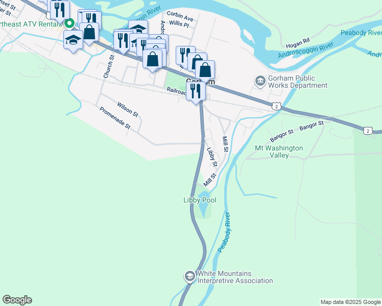 map of restaurants, bars, coffee shops, grocery stores, and more near 11 Promenade Street in Gorham
