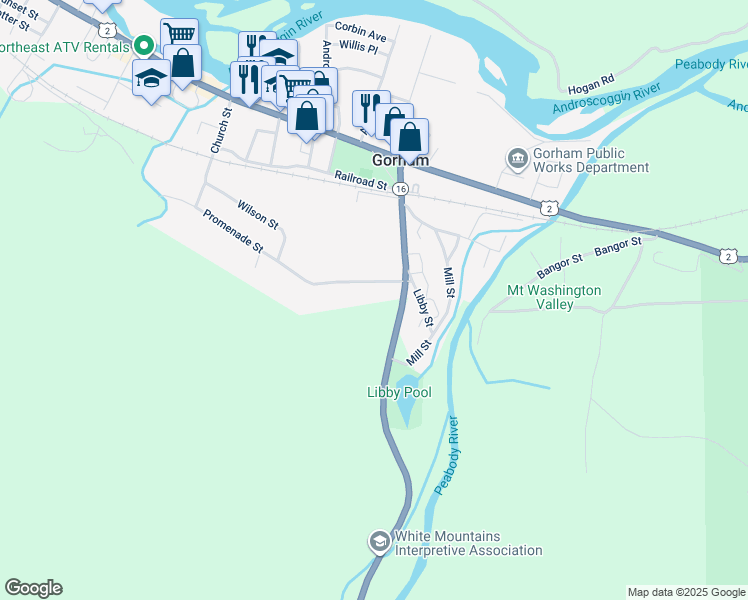 map of restaurants, bars, coffee shops, grocery stores, and more near 11 Promenade Street in Gorham