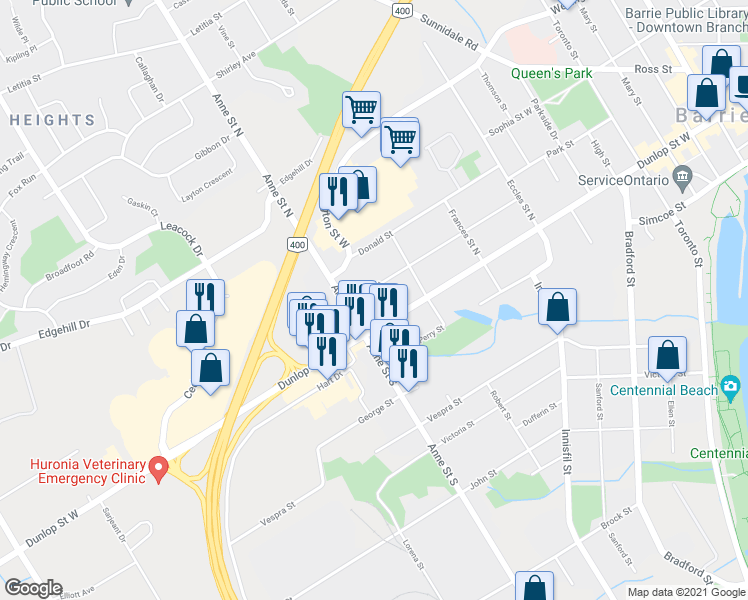 map of restaurants, bars, coffee shops, grocery stores, and more near 105 Henry Street in Barrie