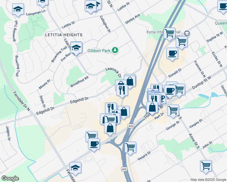 map of restaurants, bars, coffee shops, grocery stores, and more near 155 Edgehill Drive in Barrie