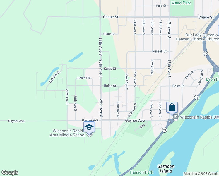 map of restaurants, bars, coffee shops, grocery stores, and more near 1341 24th Avenue South in Wisconsin Rapids