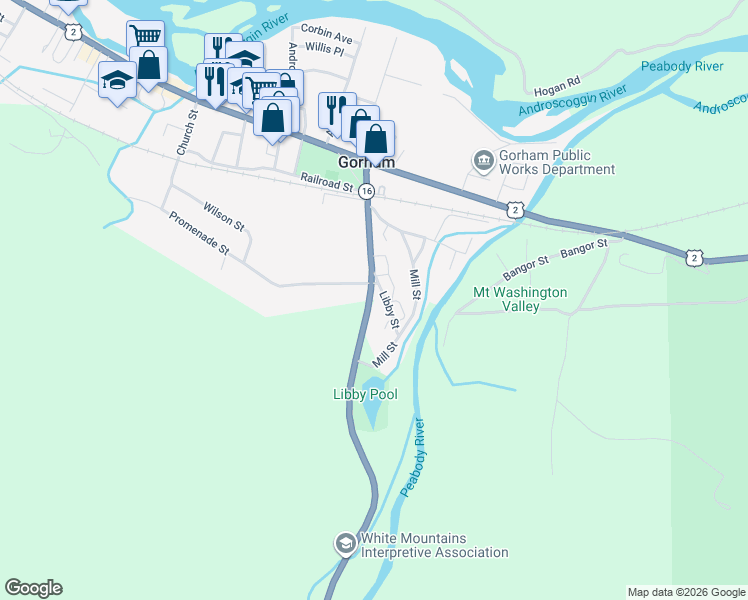map of restaurants, bars, coffee shops, grocery stores, and more near 16 Libby Street in Gorham