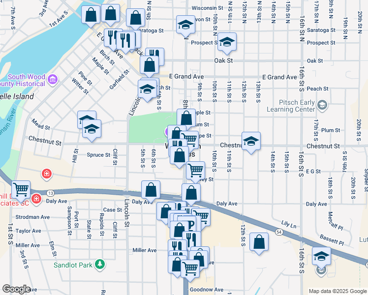 map of restaurants, bars, coffee shops, grocery stores, and more near in Wisconsin Rapids