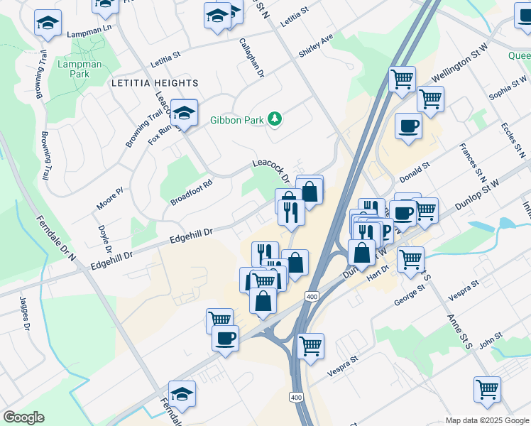 map of restaurants, bars, coffee shops, grocery stores, and more near 155 Edgehill Drive in Barrie