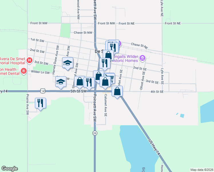 map of restaurants, bars, coffee shops, grocery stores, and more near 400 Calumet Avenue Southeast in De Smet