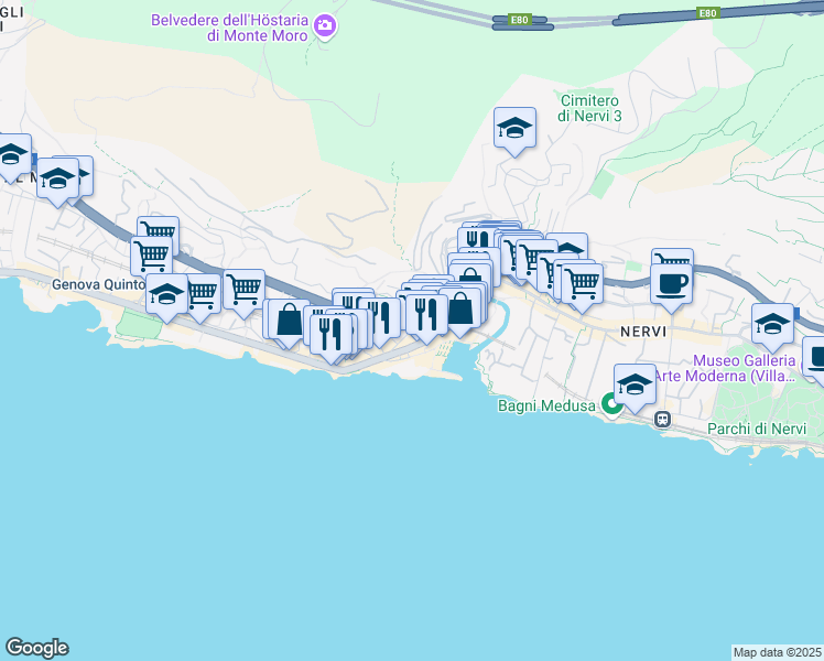 map of restaurants, bars, coffee shops, grocery stores, and more near Via Santa Maria Assunta di Nervi in Genoa