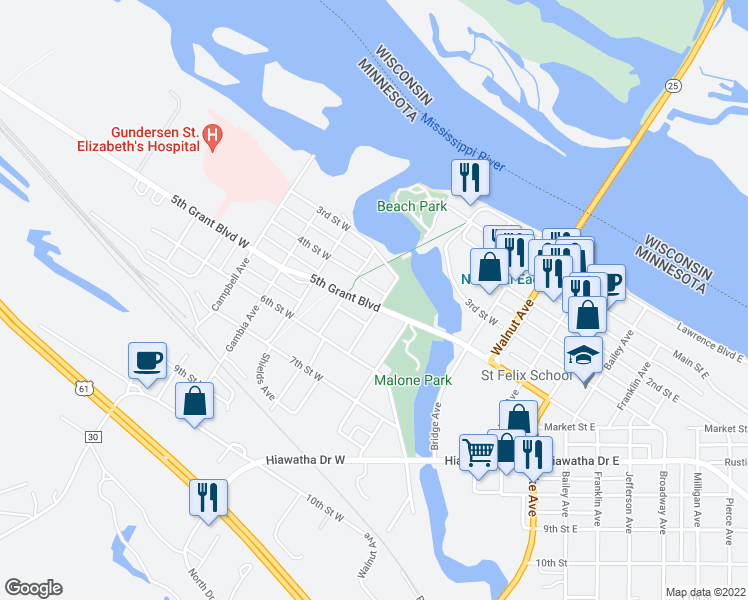 map of restaurants, bars, coffee shops, grocery stores, and more near 712 Grant Boulevard West in Wabasha