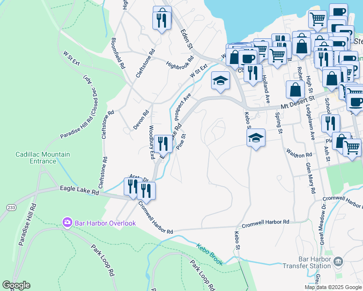 map of restaurants, bars, coffee shops, grocery stores, and more near 8 Pine Street in Bar Harbor