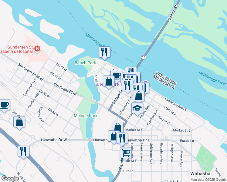 map of restaurants, bars, coffee shops, grocery stores, and more near 329 2nd Street West in Wabasha