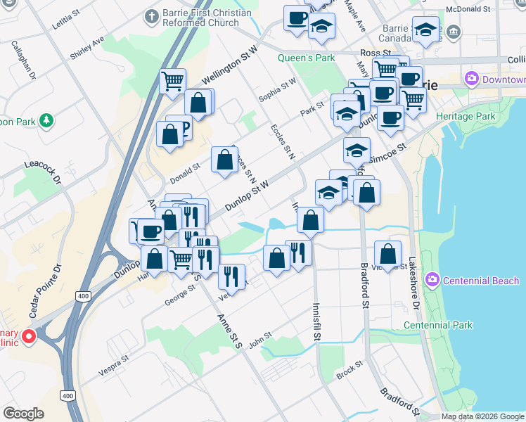 map of restaurants, bars, coffee shops, grocery stores, and more near 143 Perry Street in Barrie