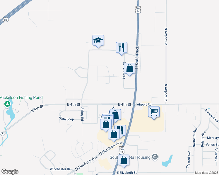 map of restaurants, bars, coffee shops, grocery stores, and more near 2412 East 4th Street in Pierre